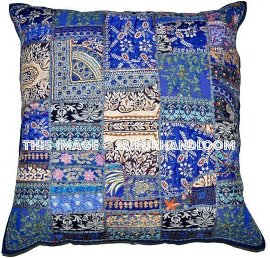 24X24" navy blue couch pillows indian embroidered cushion covers for couch-Jaipur Handloom