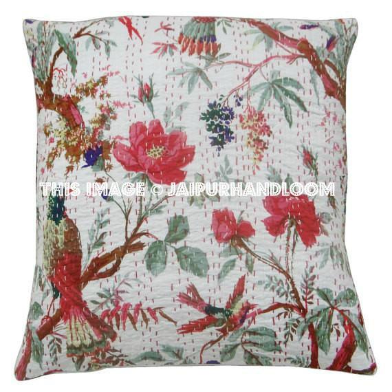24x 24 Bird kantha Pillow Cover, kantha Throw Pillow, Decorative kantha Pillow, Indian Pillow, Pillowcase, Indian Cushion Cover Large Pillow-Jaipur Handloom