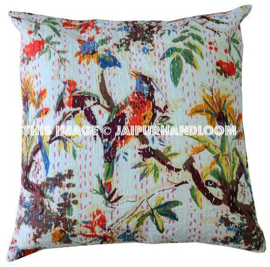 24x 24 Bird kantha Pillow Cover, kantha Throw Pillow, Decorative kantha Pillow, Indian Pillow, Pillowcase, Indian Cushion Cover Large Pillow-Jaipur Handloom