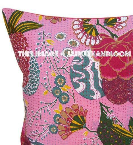 24x 24 Pink kantha Pillow Cover, kantha Throw Pillow, Decorative kantha Pillow, Indian Pillow, Pillowcase, Indian Cushion Cover, Large Pillow-Jaipur Handloom