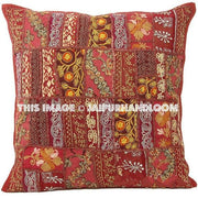 24x 24 Red Patchwork Throw Pillows For Sofa Organic Floor Cushions on Sale-Jaipur Handloom