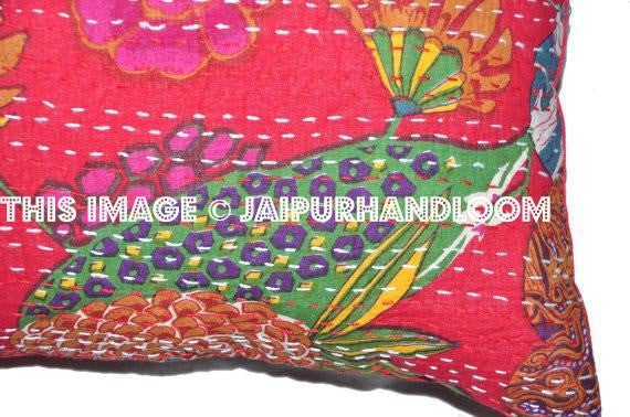 24x 24 Red kantha Pillow Cover, kantha Throw Pillow, Decorative kantha Pillow, Indian Pillow, Pillowcase, Indian Cushion Cover, Large Pillow-Jaipur Handloom