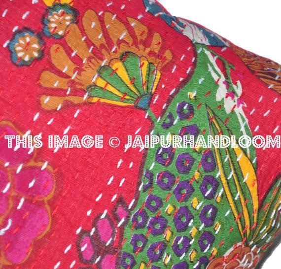 24x 24 Red kantha Pillow Cover, kantha Throw Pillow, Decorative kantha Pillow, Indian Pillow, Pillowcase, Indian Cushion Cover, Large Pillow-Jaipur Handloom