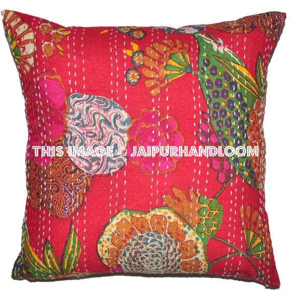 24x 24 Red kantha Pillow Cover, kantha Throw Pillow, Decorative kantha Pillow, Indian Pillow, Pillowcase, Indian Cushion Cover, Large Pillow-Jaipur Handloom