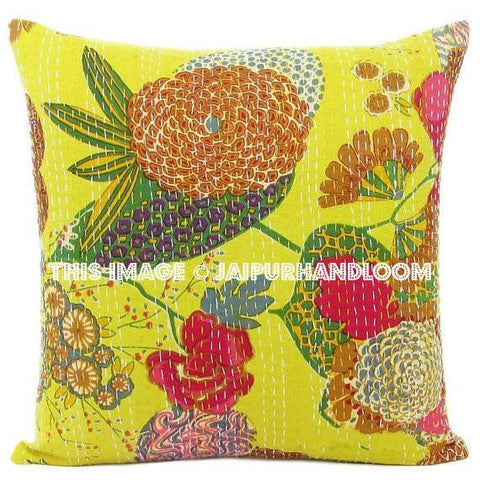24x 24 Yellow kantha Pillow Cover, kantha Throw Pillow, Decorative kantha Pillow, Indian Pillowcase, Indian Cushion Cover Extra Large Pillow-Jaipur Handloom