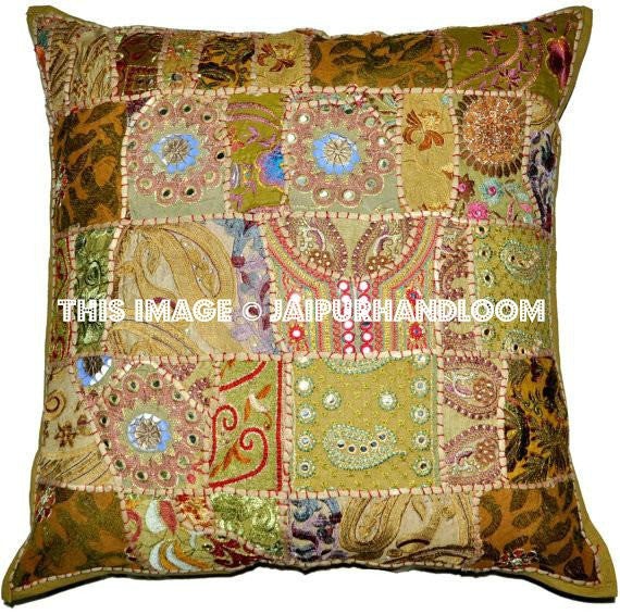 24x24" Beige Patchwork throw pillows for couch Bohemian cottage pillows-Jaipur Handloom