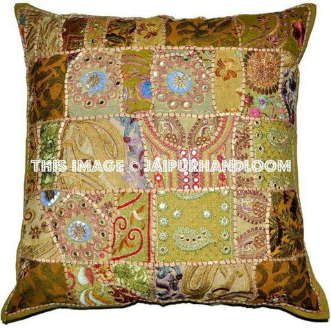 24x24" Beige Patchwork throw pillows for couch Bohemian cottage pillows-Jaipur Handloom