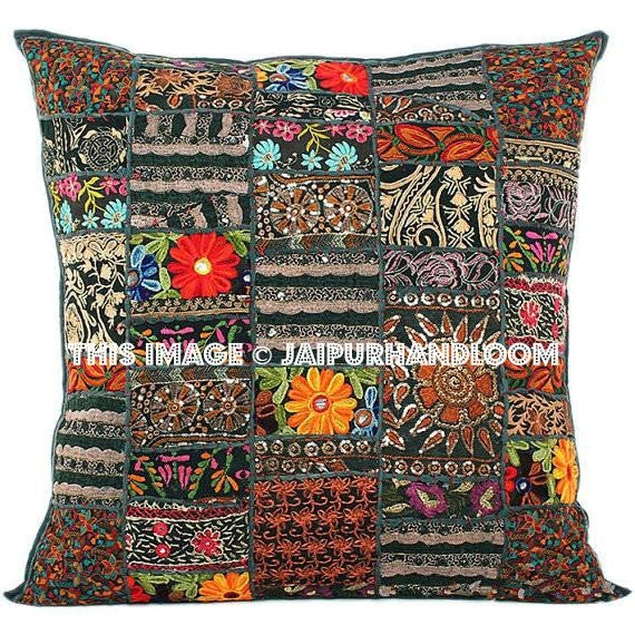 24x24 Black Embroidered Patio Cushions Dining Chair Pillows Sofa Cushions-Jaipur Handloom