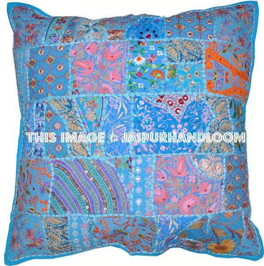 24x24" Blue Bohemian Floor Cushions in Square Shape Boho pillows for sofa-Jaipur Handloom