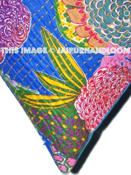 24x24 Blue kantha Pillow Cover, kantha Throw Pillow, Decorative kantha Pillow, Indian Pillow, Pillowcase, Indian Cushion Cover, Large Pillow-Jaipur Handloom