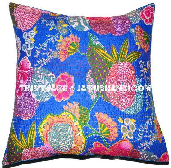 24x24 Blue kantha Pillow Cover, kantha Throw Pillow, Decorative kantha Pillow, Indian Pillow, Pillowcase, Indian Cushion Cover, Large Pillow-Jaipur Handloom