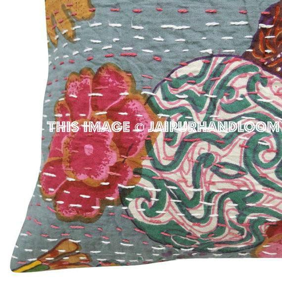24x24 Gray Kantha Pillow Cover, Kantha throw Pillow, kantha cushion Cover, Floral Pillow, 24x24 Floor Pillow, Indian Pillow, Large Pillow