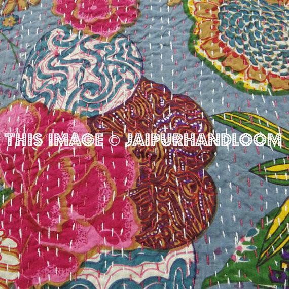 24x24 Gray Kantha Pillow Cover, Kantha throw Pillow, kantha cushion Cover, Floral Pillow, 24x24 Floor Pillow, Indian Pillow, Large Pillow