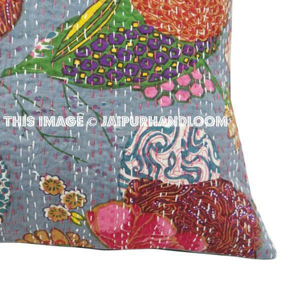 24x24 Gray Kantha Pillow Cover, Kantha throw Pillow, kantha cushion Cover, Floral Pillow, 24x24 Floor Pillow, Indian Pillow, Large Pillow