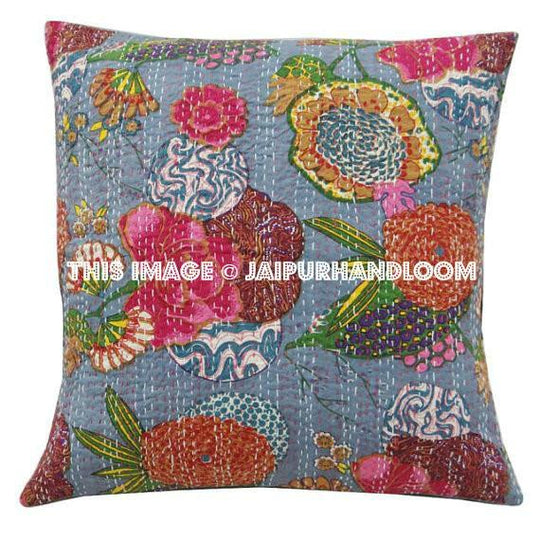 24x24 Gray Kantha Pillow Cover, Kantha throw Pillow, kantha cushion Cover, Floral Pillow, 24x24 Floor Pillow, Indian Pillow, Large Pillow
