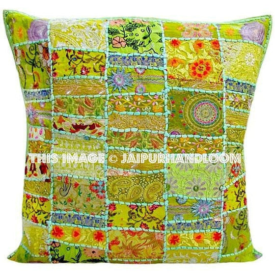 24x24 Green Patchwork Throw Pillows for Sofa Bohemian Bedroom Shams-Jaipur Handloom