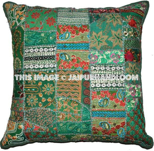 24x24" Green Patchwork Throw pillows for couch bohemian floor cushions-Jaipur Handloom