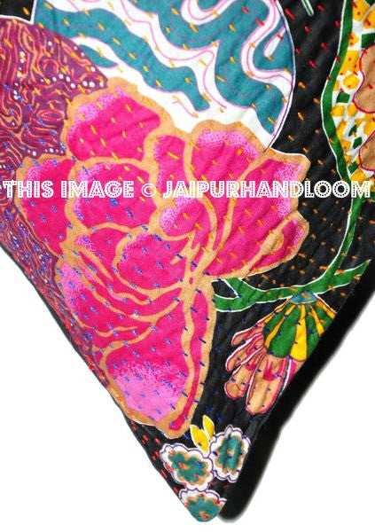 24x24 Indian Kantha Pillow Cover, Kantha throw Pillow cushion Cover, Kantha Thread Floral Cotton Cushion Pillow Covers Ethnic Decorative Art-Jaipur Handloom