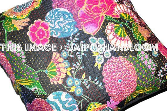 24x24 Indian Kantha Pillow Cover, Kantha throw Pillow cushion Cover, Kantha Thread Floral Cotton Cushion Pillow Covers Ethnic Decorative Art-Jaipur Handloom