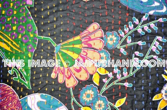 24x24 Indian Kantha Pillow Cover, Kantha throw Pillow cushion Cover, Kantha Thread Floral Cotton Cushion Pillow Covers Ethnic Decorative Art-Jaipur Handloom