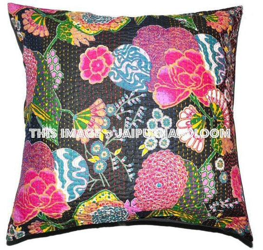 24x24 Indian Kantha Pillow Cover, Kantha throw Pillow cushion Cover, Kantha Thread Floral Cotton Cushion Pillow Covers Ethnic Decorative Art-Jaipur Handloom