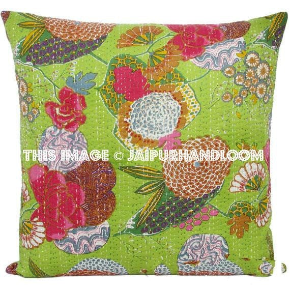 24x24 Indian Kantha Pillow Cover, Kantha throw Pillow, kantha cushion Cover, Floral Pillow, 24x24 Floor Pillow, Indian Pillow, Large Pillow-Jaipur Handloom