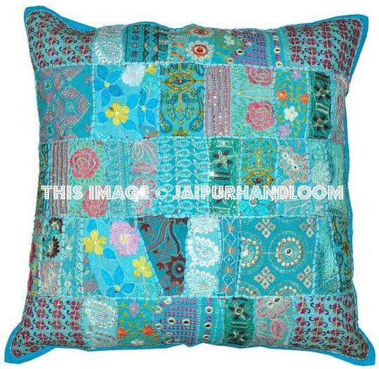 24x24" Indian Style Organic Yoga Pillows on Sale Blue Embroidered Yoga Mats-Jaipur Handloom