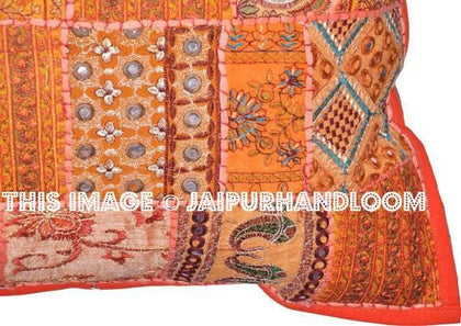 24x24" Large Orange Indian Patchwork Pillow For Sofa Boho garden cushions-Jaipur Handloom