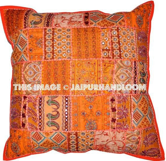 24x24" Large Orange Indian Patchwork Pillow For Sofa Boho garden cushions-Jaipur Handloom