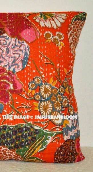 24x24 Orange Kantha Pillow, Handmade Kantha Decorative throw Pillow, kantha cushion Floral Pillow Cushion, Indian large floor Pillow cushion-Jaipur Handloom