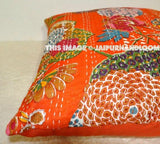 24x24 Orange Kantha Pillow, Handmade Kantha Decorative throw Pillow, kantha cushion Floral Pillow Cushion, Indian large floor Pillow cushion-Jaipur Handloom