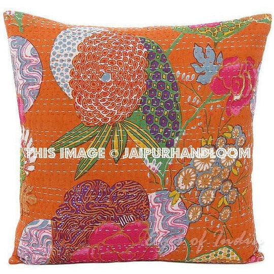 24x24 Orange Kantha Pillow, Handmade Kantha Decorative throw Pillow, kantha cushion Floral Pillow Cushion, Indian large floor Pillow cushion-Jaipur Handloom