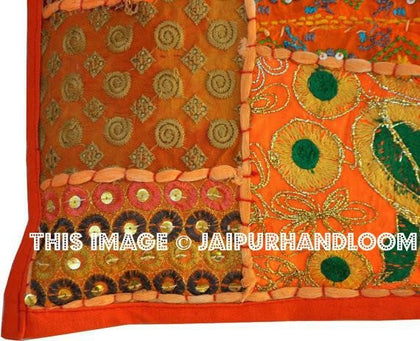 24x24" Orange embroidered sofa pillows boho handmade bedroom shams-Jaipur Handloom