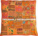 24x24" Orange embroidered sofa pillows boho handmade bedroom shams-Jaipur Handloom