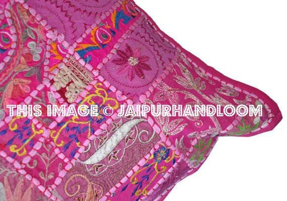 24x24" Pink Embroidered Dining Chair Pillows Indian Patchwork Cushions-Jaipur Handloom