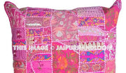24x24" Pink Embroidered Dining Chair Pillows Indian Patchwork Cushions-Jaipur Handloom