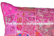 24x24" Pink Embroidered Dining Chair Pillows Indian Patchwork Cushions-Jaipur Handloom