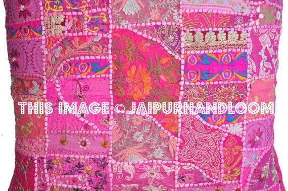 24x24" Pink Embroidered Dining Chair Pillows Indian Patchwork Cushions-Jaipur Handloom