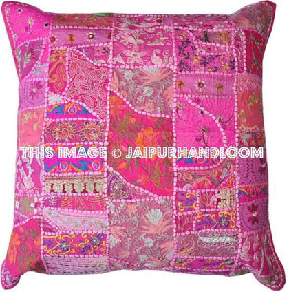 24x24" Pink Embroidered Dining Chair Pillows Indian Patchwork Cushions-Jaipur Handloom
