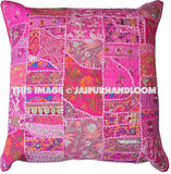 24x24" Pink Embroidered Dining Chair Pillows Indian Patchwork Cushions-Jaipur Handloom