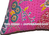 24x24 Pink Handmade Kantha Pillow, Kantha Decorative throw Pillow, kantha cushion cover, Floral Pillow Cushion, Indian Pillow, Cotton Pillow-Jaipur Handloom
