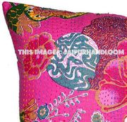 24x24 Pink Handmade Kantha Pillow, Kantha Decorative throw Pillow, kantha cushion cover, Floral Pillow Cushion, Indian Pillow, Cotton Pillow-Jaipur Handloom