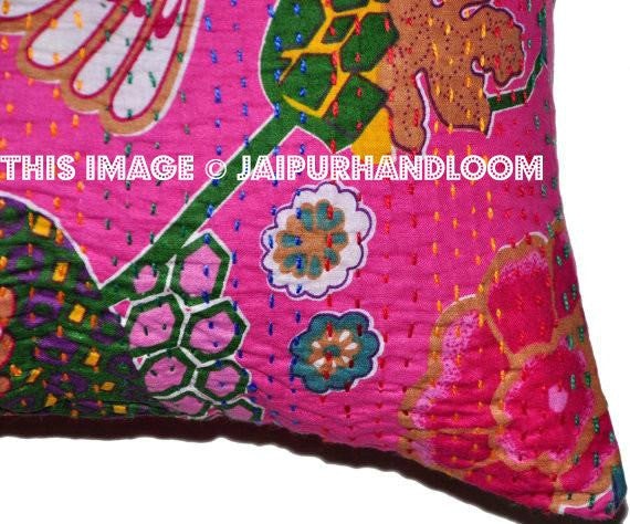 24x24 Pink Handmade Kantha Pillow, Kantha Decorative throw Pillow, kantha cushion cover, Floral Pillow Cushion, Indian Pillow, Cotton Pillow-Jaipur Handloom