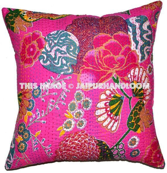 24x24 Pink Handmade Kantha Pillow, Kantha Decorative throw Pillow, kantha cushion cover, Floral Pillow Cushion, Indian Pillow, Cotton Pillow-Jaipur Handloom