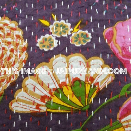 24x24 Purple Handmade Kantha Pillow, Kantha Decorative throw Pillow, kantha cushion cover, Floral Pillow Cushion, Indian Cotton sofa Pillow-Jaipur Handloom