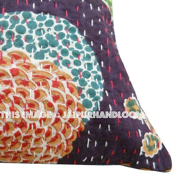 24x24 Purple Handmade Kantha Pillow, Kantha Decorative throw Pillow, kantha cushion cover, Floral Pillow Cushion, Indian Cotton sofa Pillow-Jaipur Handloom