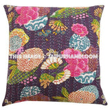 24x24 Purple Handmade Kantha Pillow, Kantha Decorative throw Pillow, kantha cushion cover, Floral Pillow Cushion, Indian Cotton sofa Pillow-Jaipur Handloom