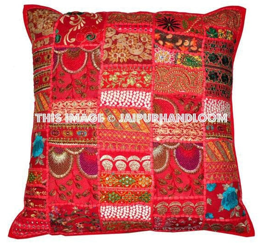 24x24" Red Indian Traditional Patchwork Pillows For Restaurant Hotels on Sale-Jaipur Handloom