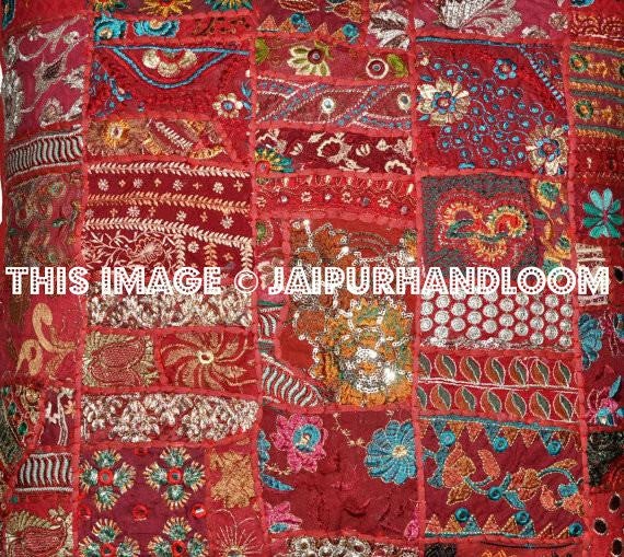 24x24" Red Patchwork Sofa Pillows Indian Embroidered Pillow cases on sale-Jaipur Handloom