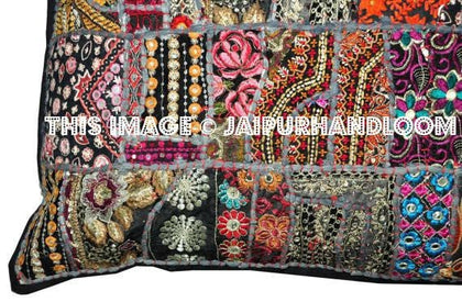 24x24" Vintage Indian Throw Pillows for Sofa Black Dining Chair Pillows-Jaipur Handloom